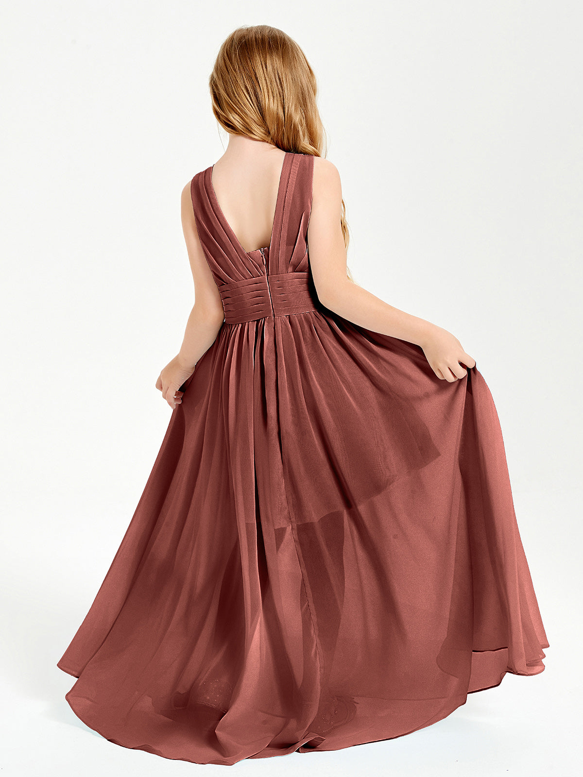 Long V-neck Junior Bridesmaid Dresses Terracotta